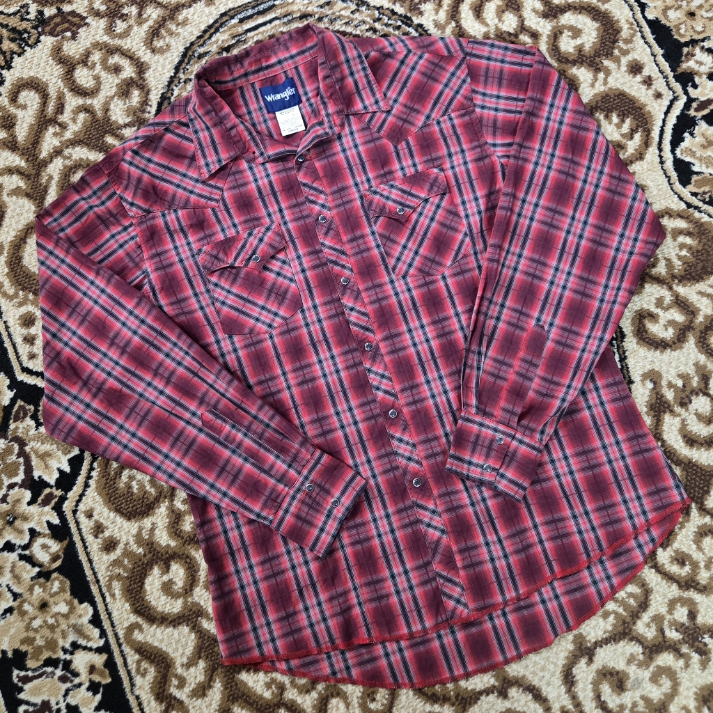 Wrangler Western Plaid Snap Shirt Retro Red Black Cowboy Retro Rodeo Y2k Vintage